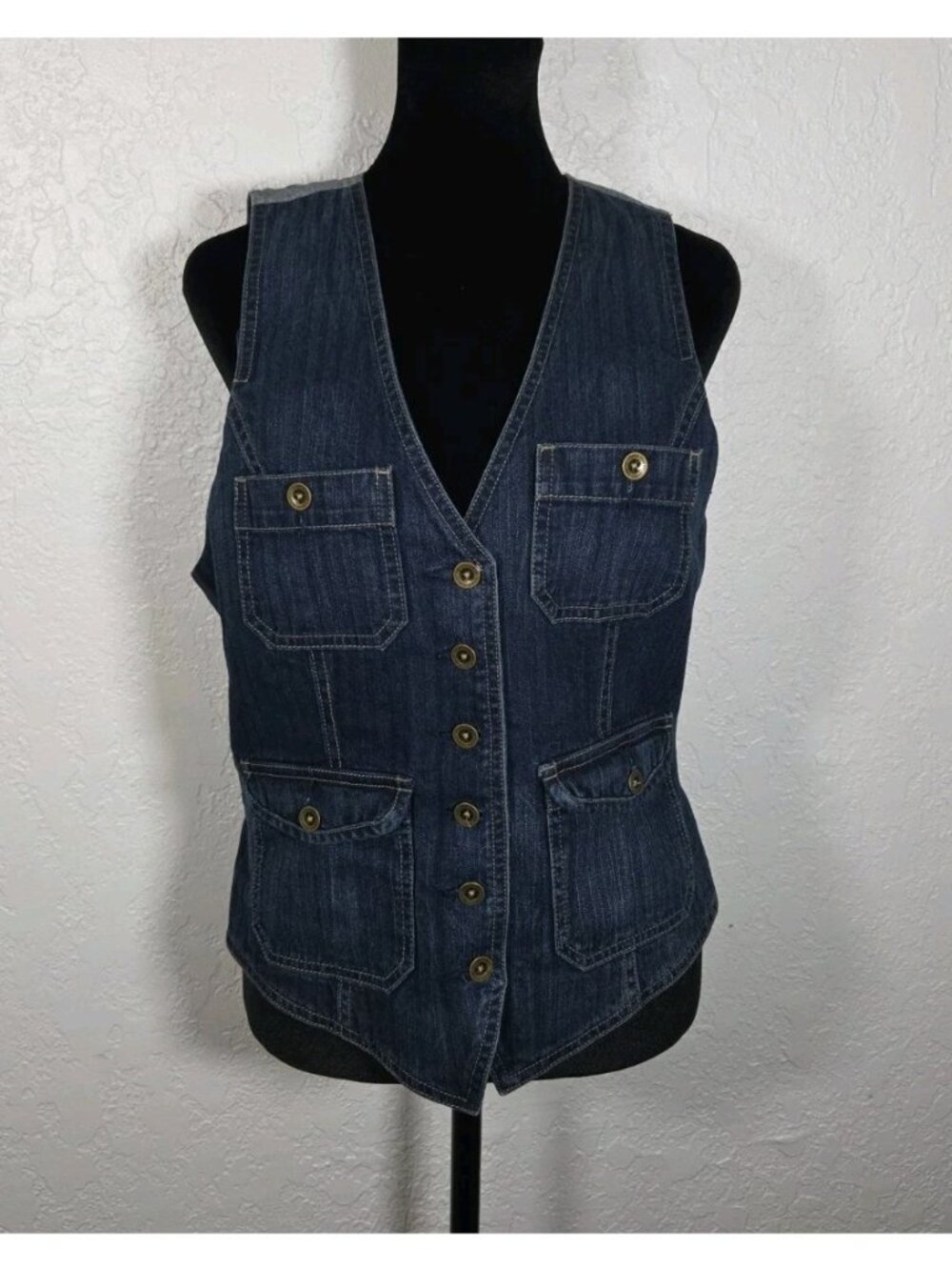 Lauren Jeans Co. Women's Denim Button Front Blue Vest Pockets Belted Small